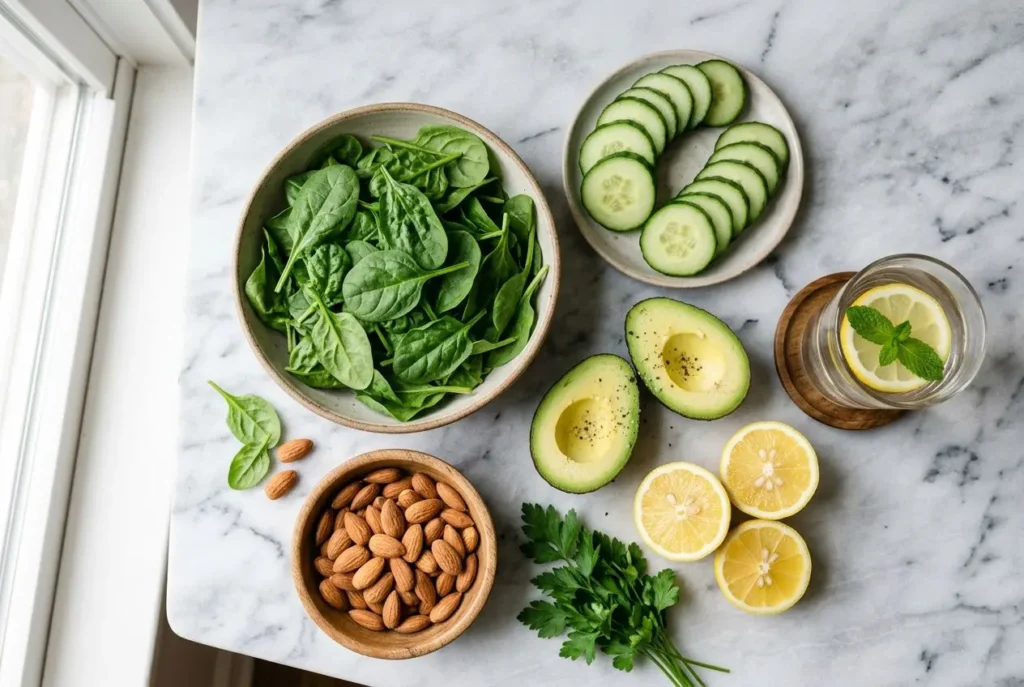 Assiette de jus et légumes frais: épinards, concombre, avocat, citrons, amandes, persil et eau citronnée sur plan de travail marbré. Comment alcaliniser rapidement son corps, alimentation basique naturelle.