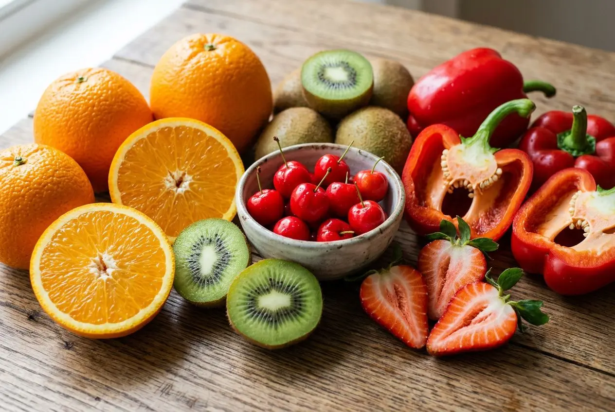Assortiment de fruits frais: oranges, kiwis, fraises et cerises, avec des kiwis entiers et des poivrons rouges coupés sur bois. Différence entre vitamine c naturelle et synthétique.