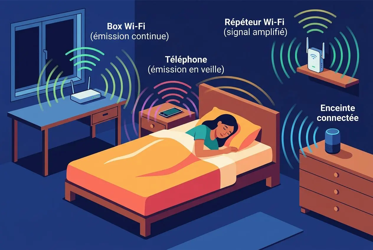 Bedtime scene with a person sleeping in a bed while various devices emit signals: Wi‑Fi box, phone at night, amplified Wi‑Fi repeater, connected speaker, and a router on a dresser, illustrating 5g et sommeil concerns.