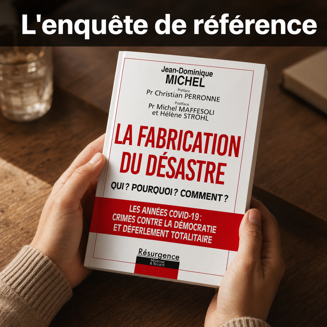 Livre La Fabrication du désastre tenu en mains, l'enquête de référence de la bibliothèque Covid