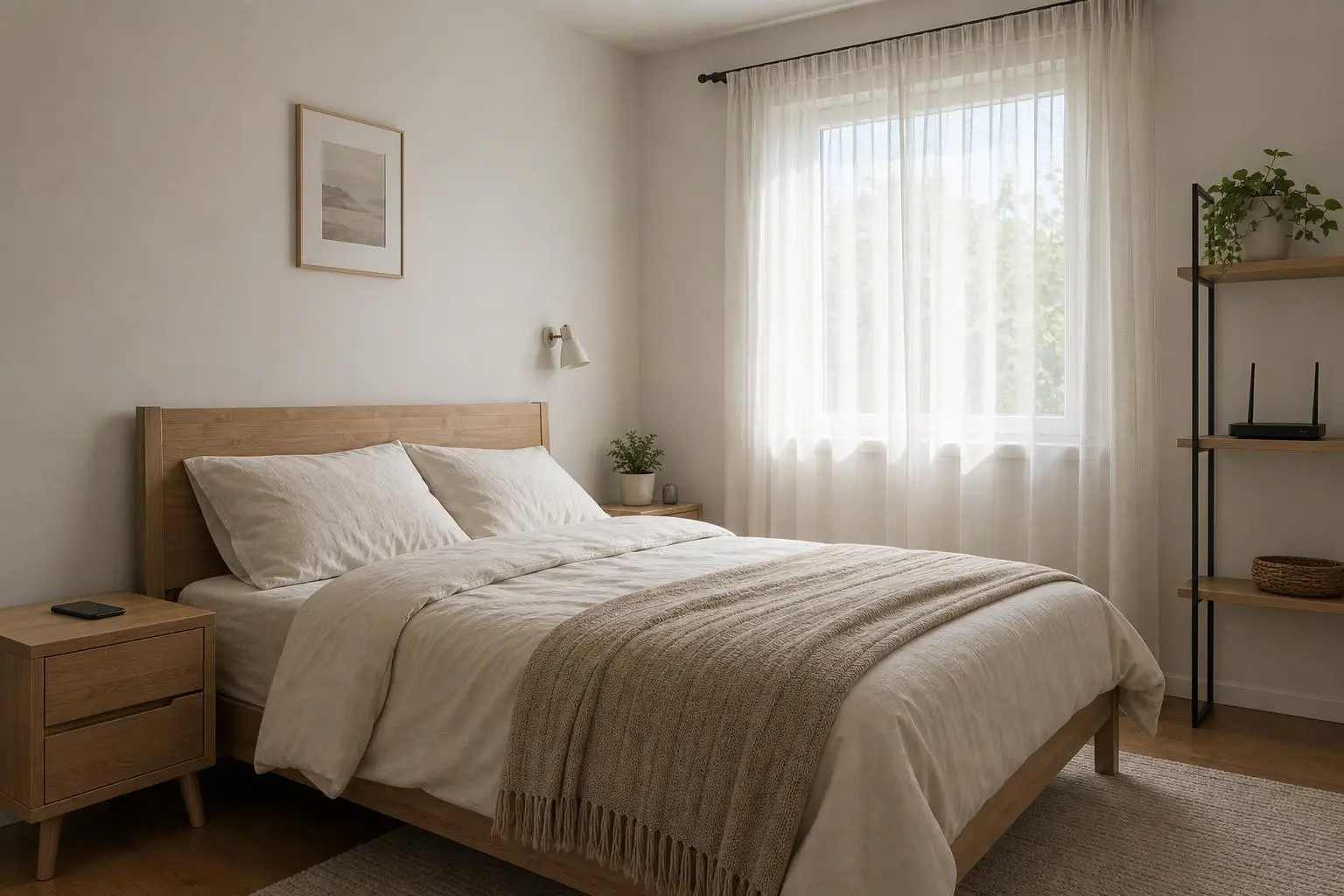 Chambre lumineuse au style minimaliste avec lit en bois, couette blanche et plaid gris, près d’un fenêtre drapée, ambiance calme. protection contre les ondes électromagnétiques intégrée? Mentionner: "protection contre les ondes électromagnétiques" naturalement.