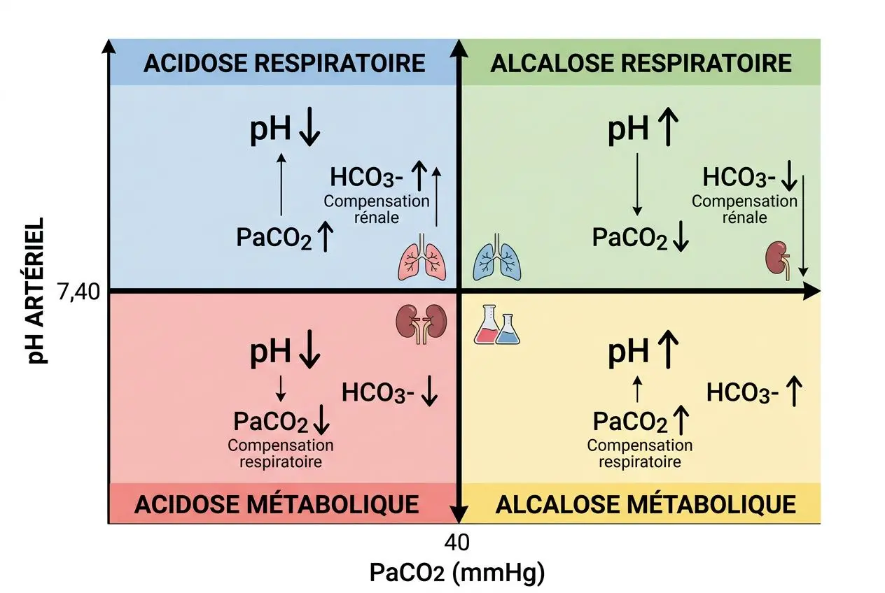 Diagramme de l'équilibre acido-basique montrant l'acidose et l'alcalose, métabolique et respiratoire, avec le pH, la PaCO2 et la régulation rénale, pour un cours infirmier sur l'équilibre acido-basique