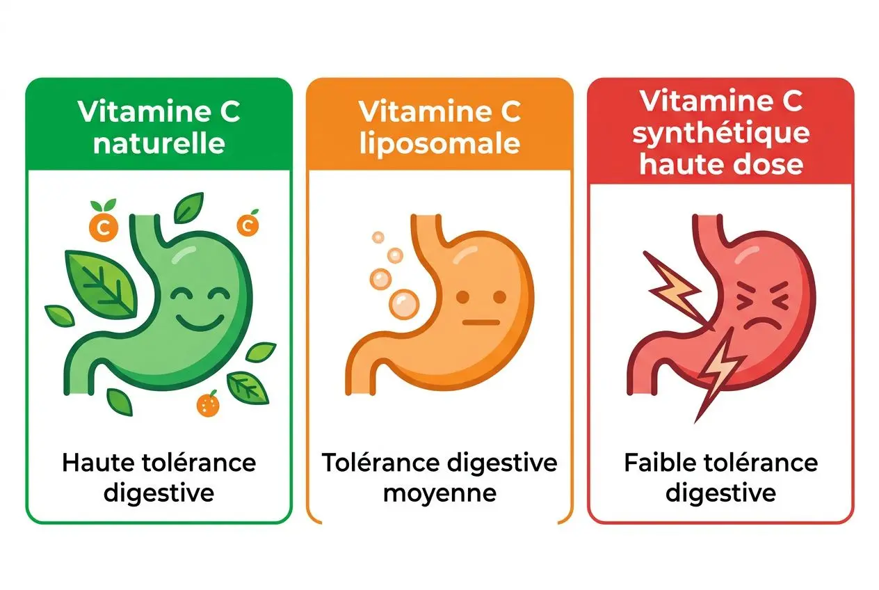 Différence entre vitamine C naturelle et synthétique : illustration en trois panneaux montrant vitamine C naturelle avec haute tolérance digestive, vitamine C liposomale et vitamine C synthétique haute dose avec faible tolérance digestive.
