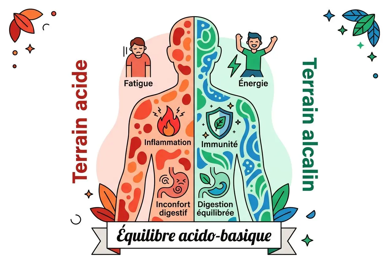 Équilibre acido-basique du corps humain : dessin illustrant les zones « terrain acide » et « terrain alcalin » avec fatigue, inflammation et inconfort d'un côté, énergie et immunité de l'autre.