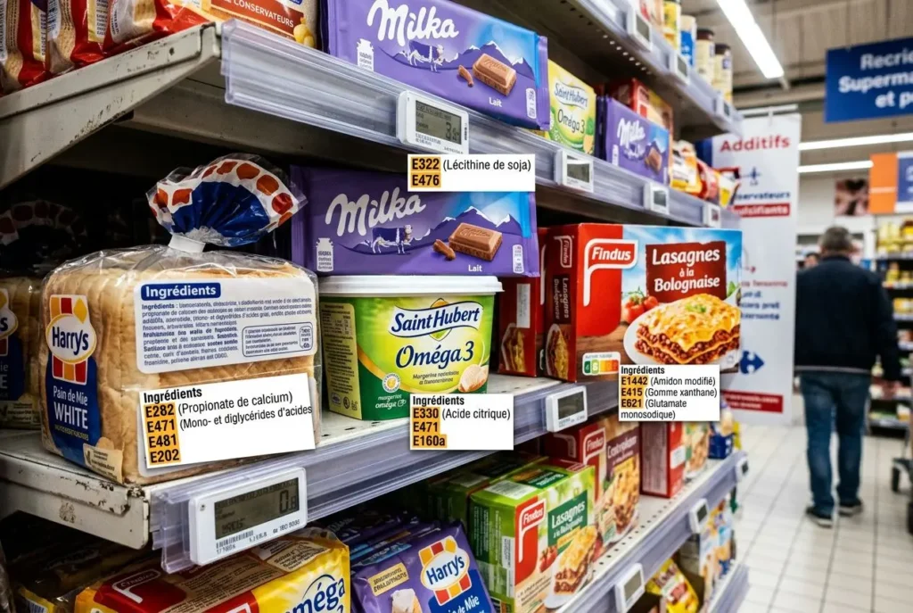 Étagères de supermarché avec des paquets d’aliments riches en émulsifiants, étiquettes nutritionnelles visibles et signaleurs E324–E476, secouant la surveillance sur l’émulsifiant alimentaire danger pour la santé.