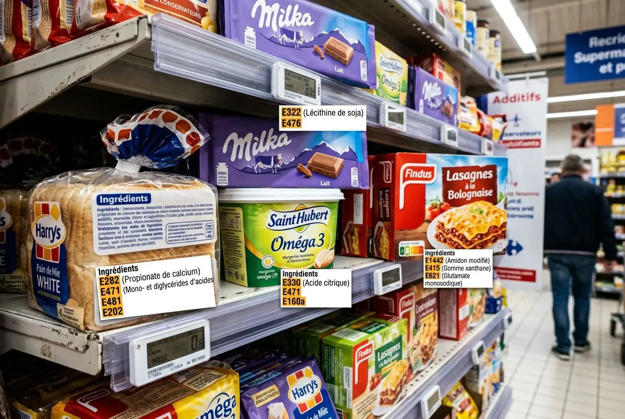 Étagères de supermarché avec des paquets d’aliments riches en émulsifiants, étiquettes nutritionnelles visibles et signaleurs E324–E476, secouant la surveillance sur l’émulsifiant alimentaire danger pour la santé.