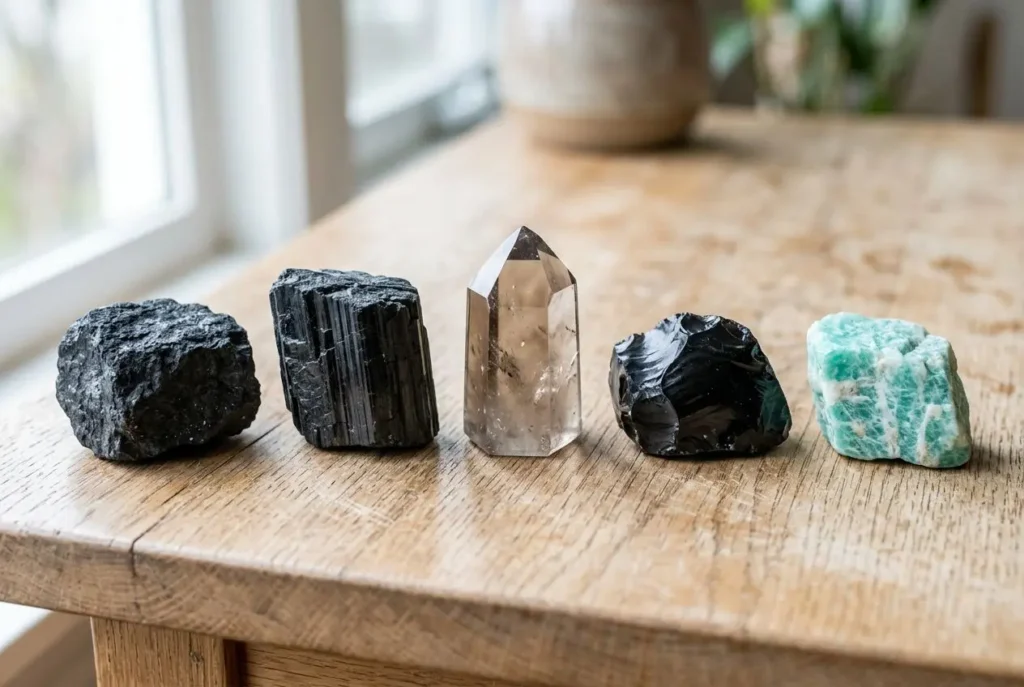 Groupe de cinq pierres posées sur une table en bois, dont tourmaline noire, shap en cristal clair et pierre vert-bleu, associant mineraux utilisés contre les ondes. 13 pierres pour se protéger des ondes électromagnétiques.