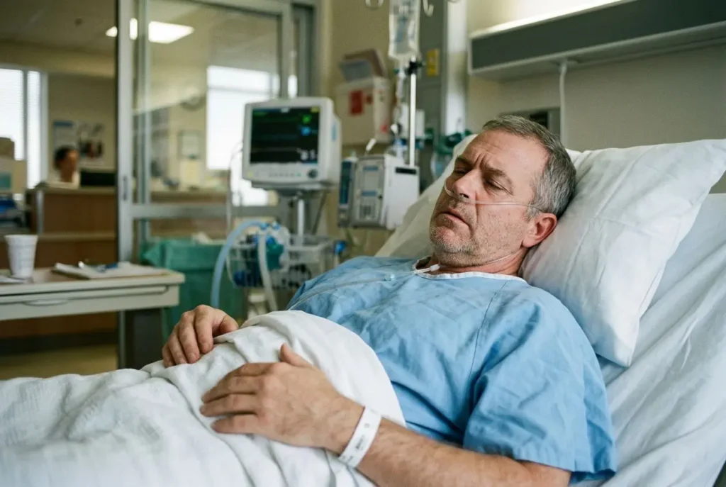 Homme malade allongé dans un lit d’hôpital, avec oxygène et perfusions, aspect fatigué et inconfortable. acidose métabolique symptômes évoqué.