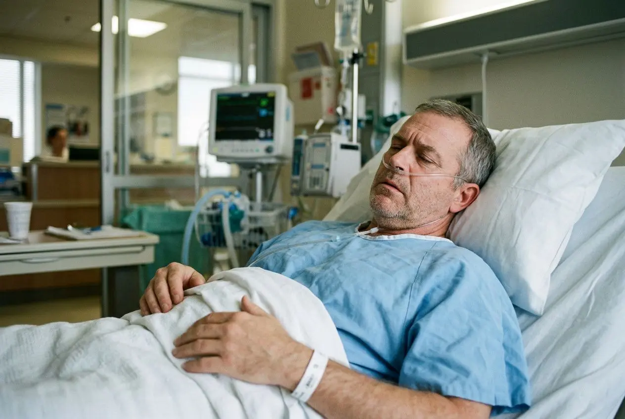 Homme malade allongé dans un lit d’hôpital, avec oxygène et perfusions, aspect fatigué et inconfortable. acidose métabolique symptômes évoqué.