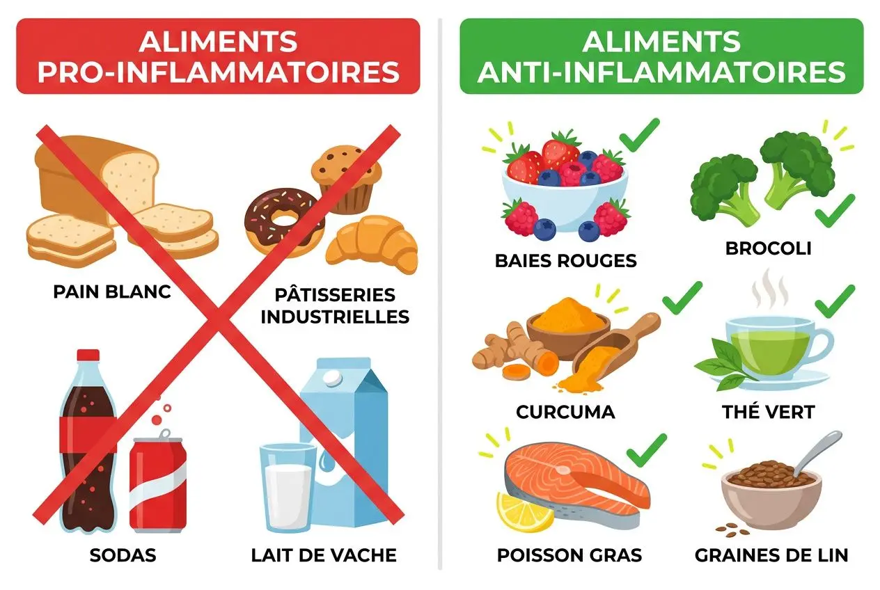 Aliments anti-inflammatoires et aliments à éviter en cas d'électrosensibilité : fruits, légumes et boissons sur fond blanc.