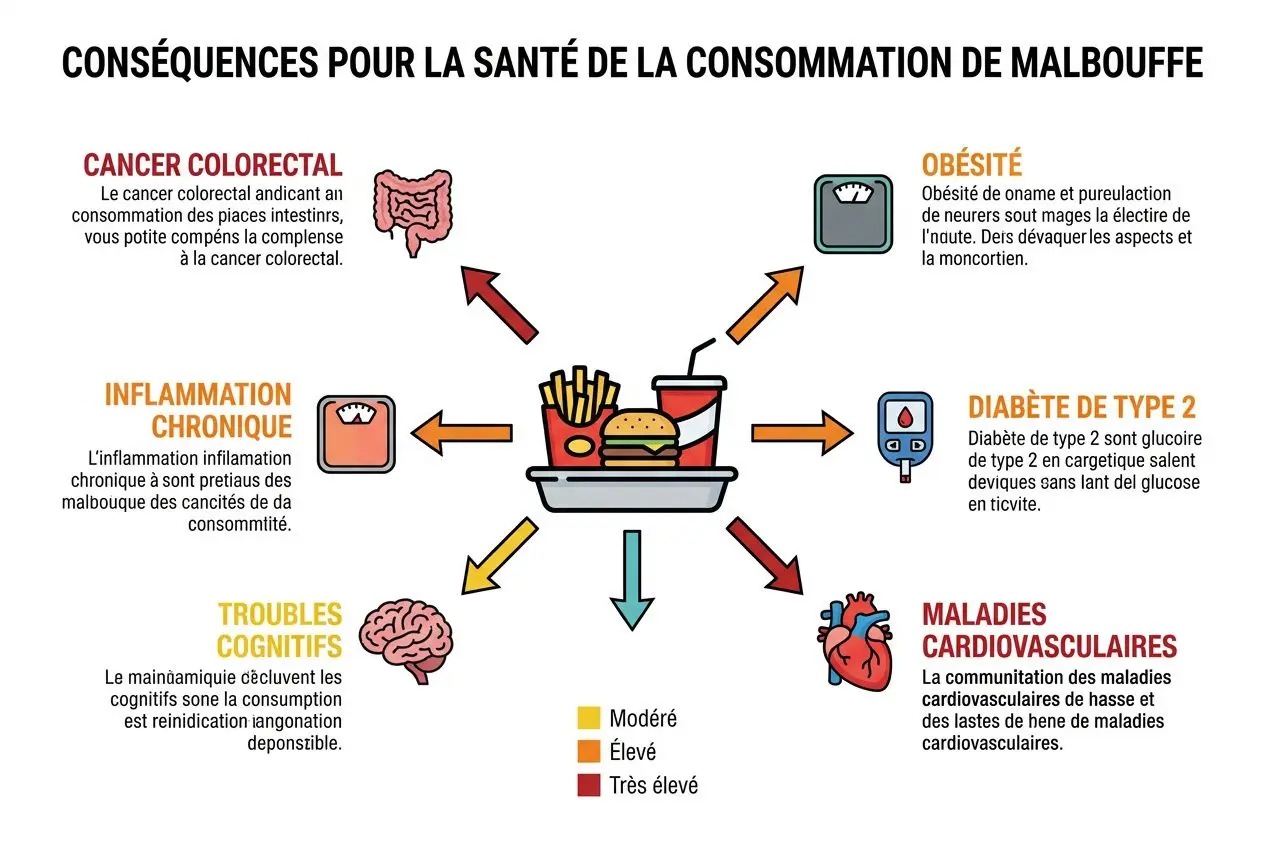 Infographie montrant les dangers des additifs alimentaires et malbouffe : cancer colorectal, obésité, diabète de type 2, maladies cardiovasculaires, inflammations chroniques, troubles cognitifs.