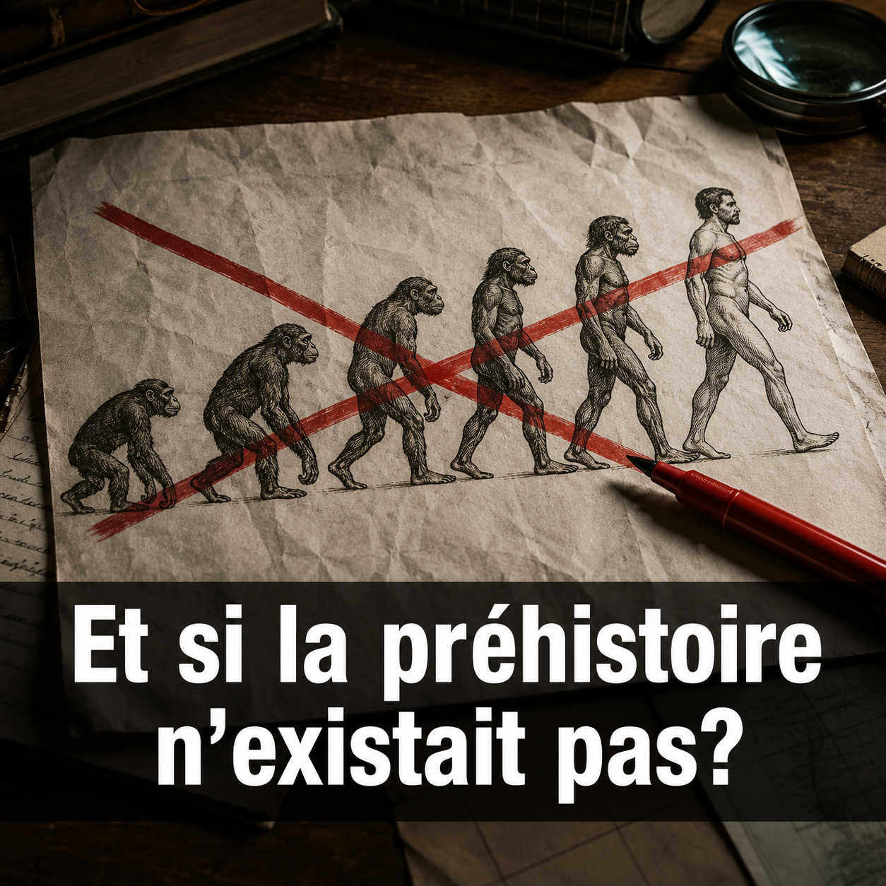 Frise de l'évolution humaine questionnée dans le mensonge de la préhistoire