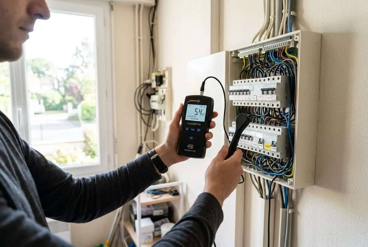 Mesure des ondes électromagnétiques : un technicien utilise un goniomètre sur un panneau électrique pour évaluer l’exposition.