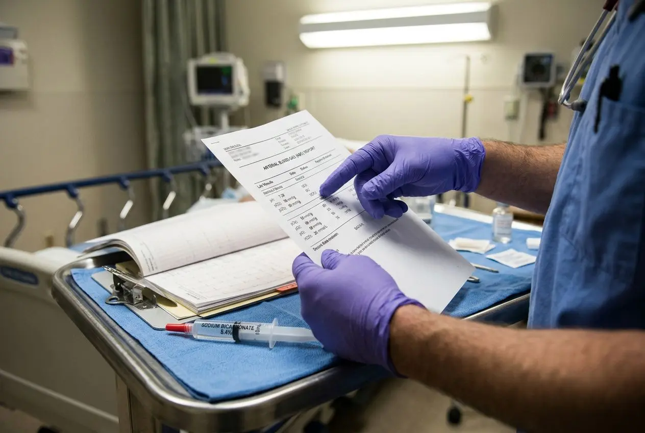 Professionnel de santé en gants violets examinant des résultats d'analyses pour le traitement de l'acidose métabolique, avec carnet de soins et seringue sur une table médicale.