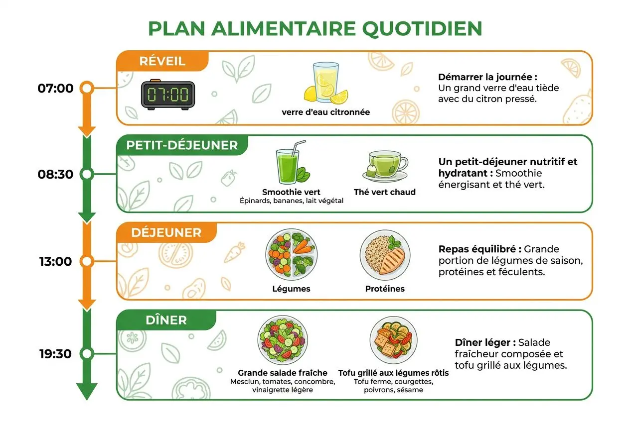 Plan alimentaire quotidien: illustration d'un programme hydratation et repas pour alcaliniser rapidement son corps avec petit-déjeuner, déjeuner et dîner équilibré.