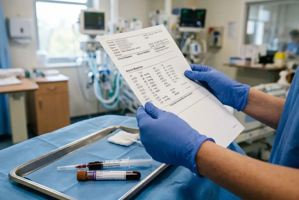 Professionnel médical portant gants bleus examinant un document de résultats sanguins dans une salle d’hôpital, sur un plateau une fiole et seringues à côté, au cœur d’un contexte d’équilibre acido-basique cours infirmier.