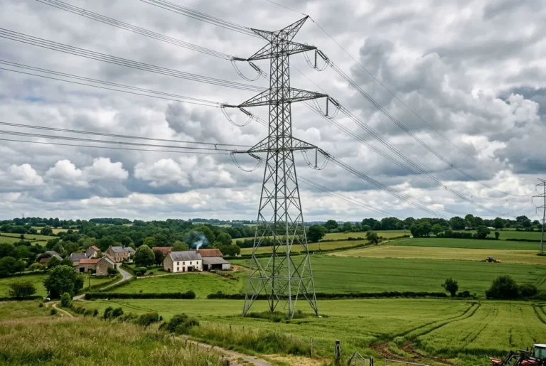 Pylône métallique de ligne haute tension traversant un paysage rural avec maisons, champs et routes, ciel nuageux. La scène illustre le sujet ligne haute tension santé et risques des champs électromagnétiques.