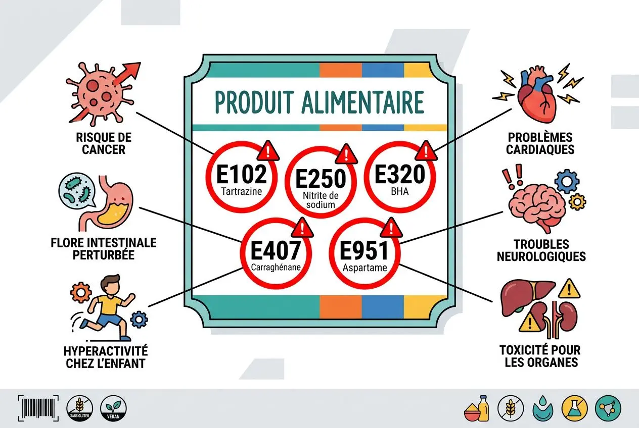 Schéma illustrant les additifs alimentaires et malbouffe avec étiquettes E102, E250, E320, E407, E951 et leurs risques potentiels sur la santé.