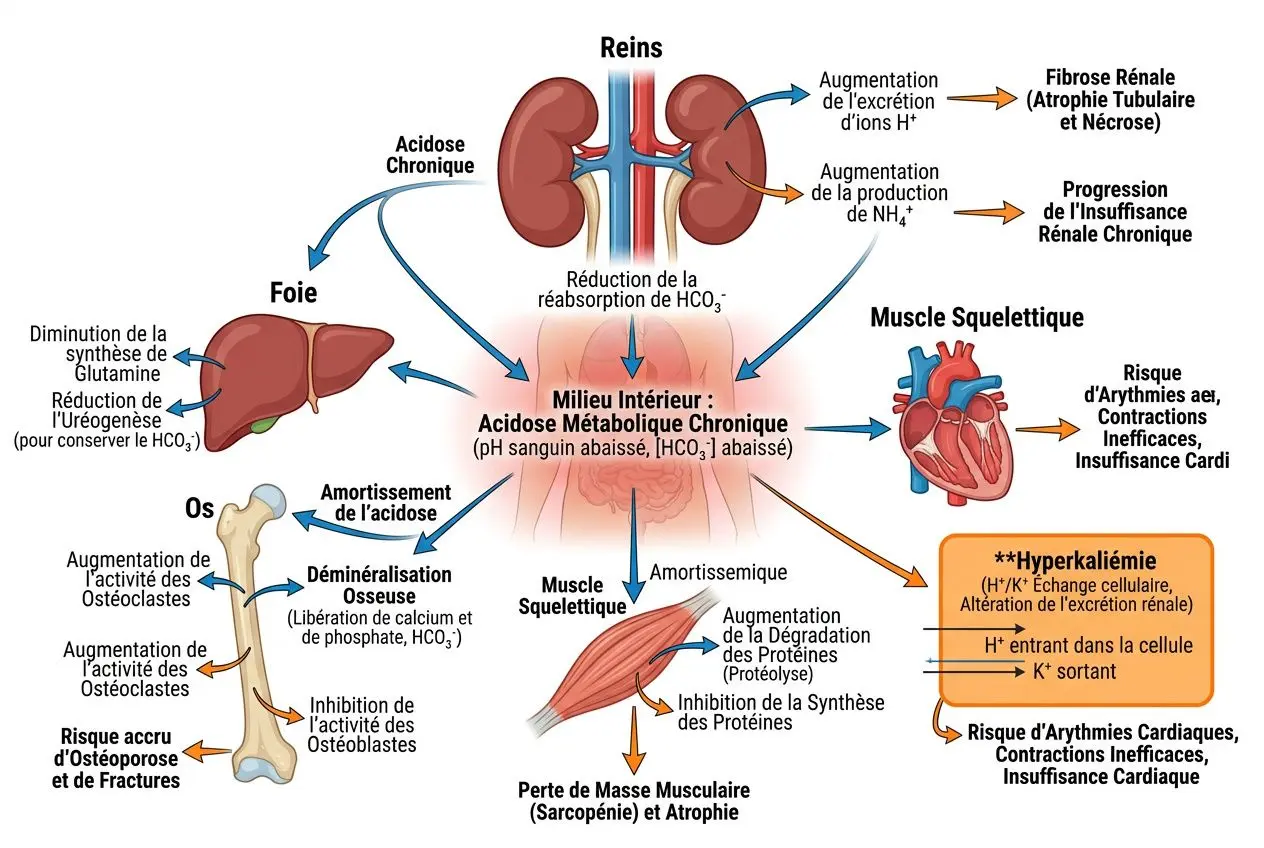 Schéma médical de l'acidose métabolique chronique et de ses effets sur les reins, le foie, les muscles et les os, illustrant les enjeux du traitement par bicarbonate.