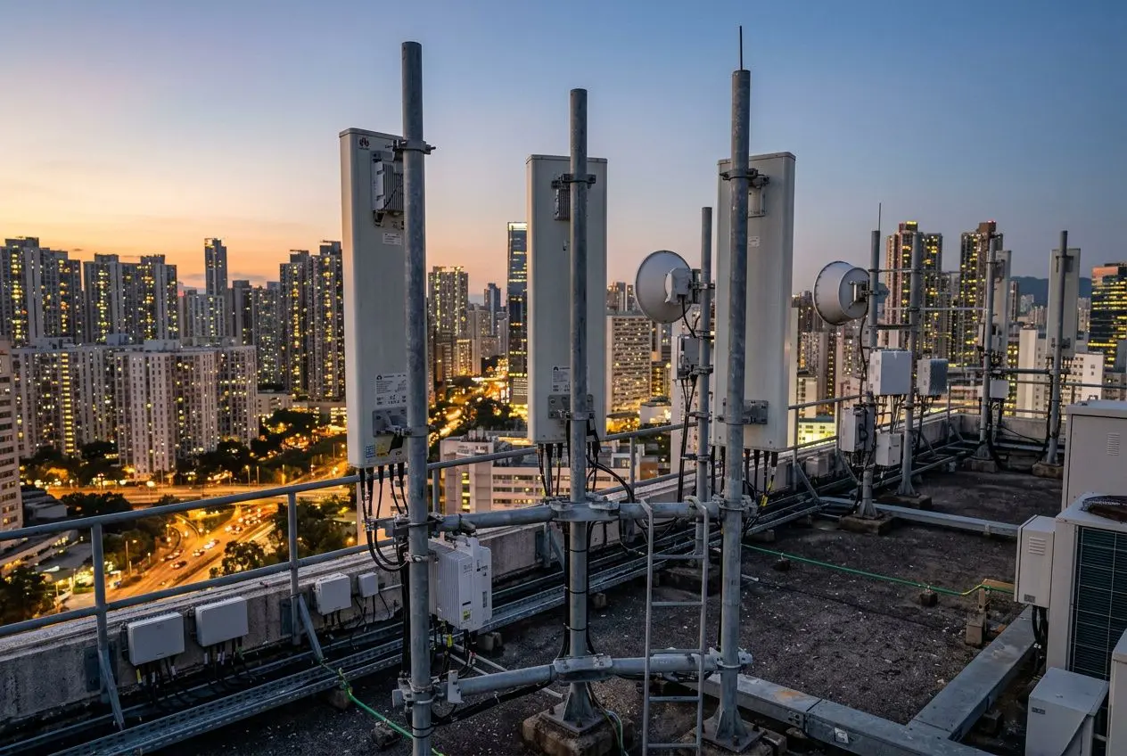 Site d’antennes relais 5G sur un toit, avec plusieurs boîtiers et dishettes, ville éclairée à l’arrière. Électrosmog antennes relais 5g évoqué.