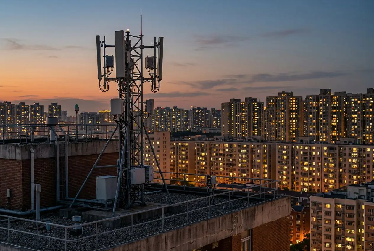Tour d’antenne sur un toit en ville au crépuscule, avec de hauts immeubles éclairés en arrière-plan. 5g et sommeil évoqué par le contexte.
