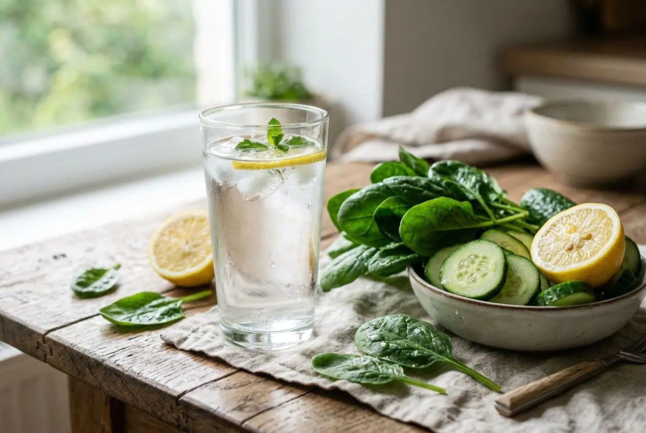 Verre d’eau froide avec rondelles de citron, servi près d’un bol de légumes frais (épinards, concombres) sur plan de cuisine. Évoque l’équilibre acido-basique corps humain.