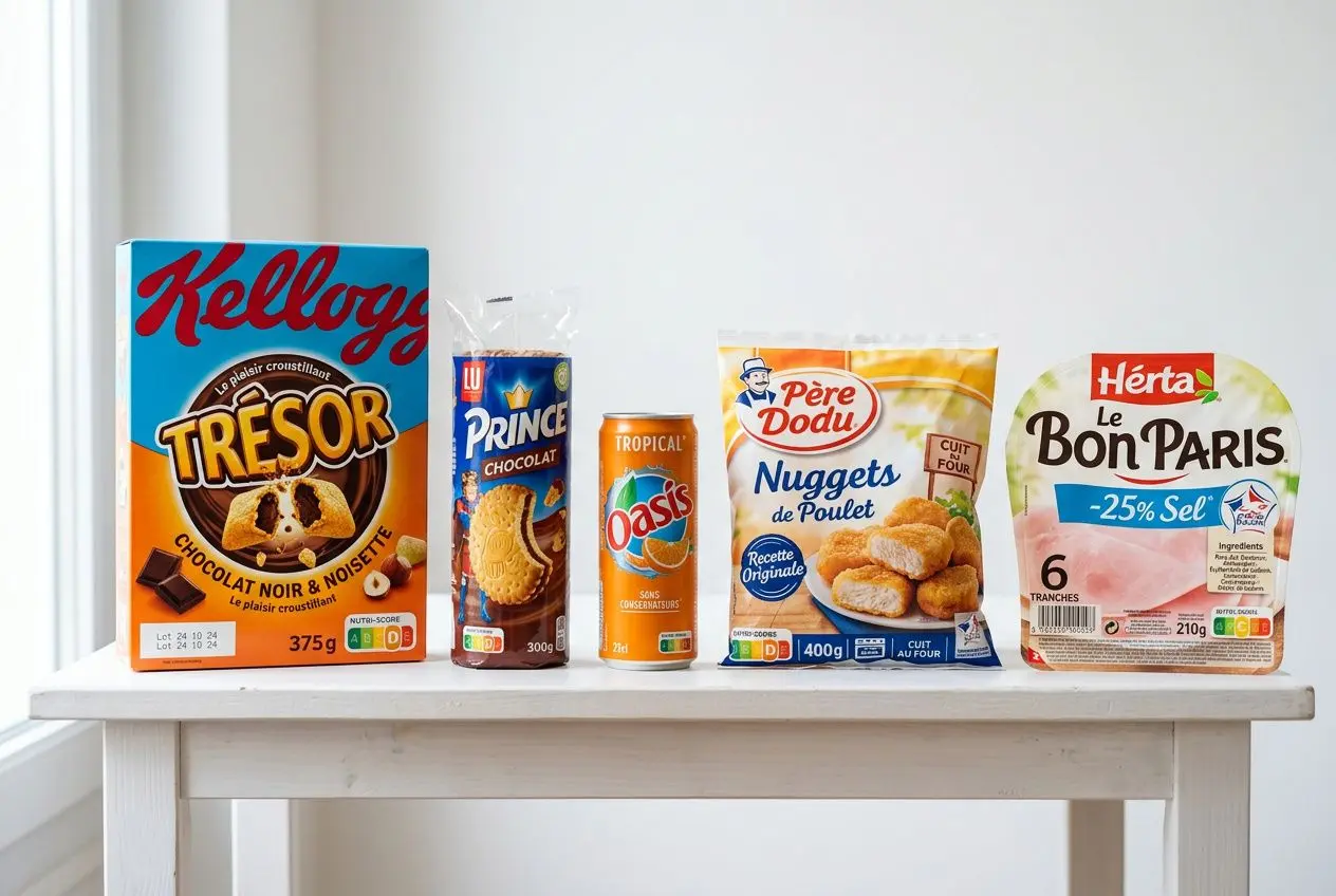 Assortiment d'aliments ultra-transformés emballés sur une table : céréales Kellogg's Trésor, biscuits Prince, boisson énergisante Tropic, nuggets de poulet Père Dodu et jambon. Liste des aliments ultra-transformés.