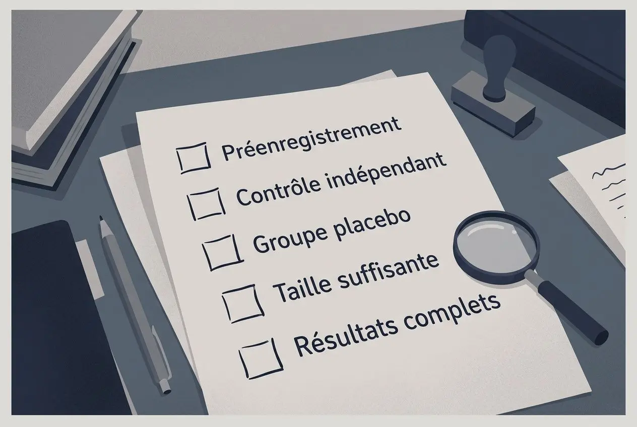 Checklist illustrant les critères d'essais cliniques fiables : préenregistrement, contrôle indépendant, groupe placebo, taille suffisante et résultats complets, pour évaluer les preuves des essais cliniques manipulés.