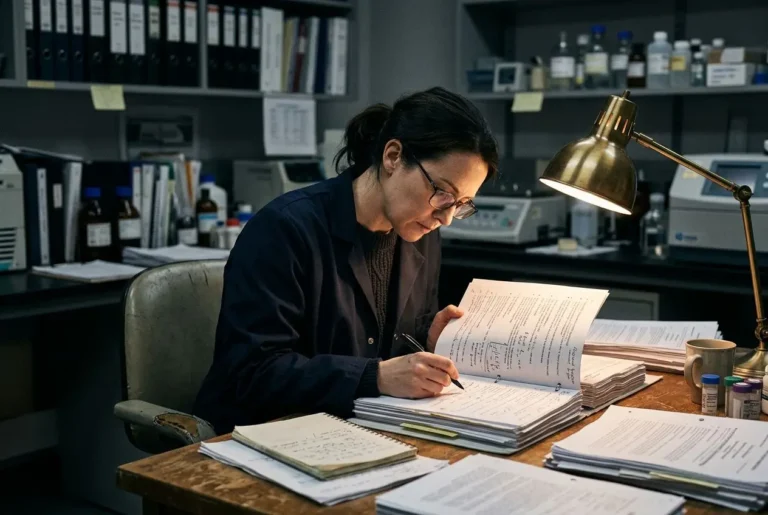 Une chercheuse examine et annot les documents d’étude clinique dans un bureau de laboratoire, entourée de piles de dossiers et d’un lampadaire.