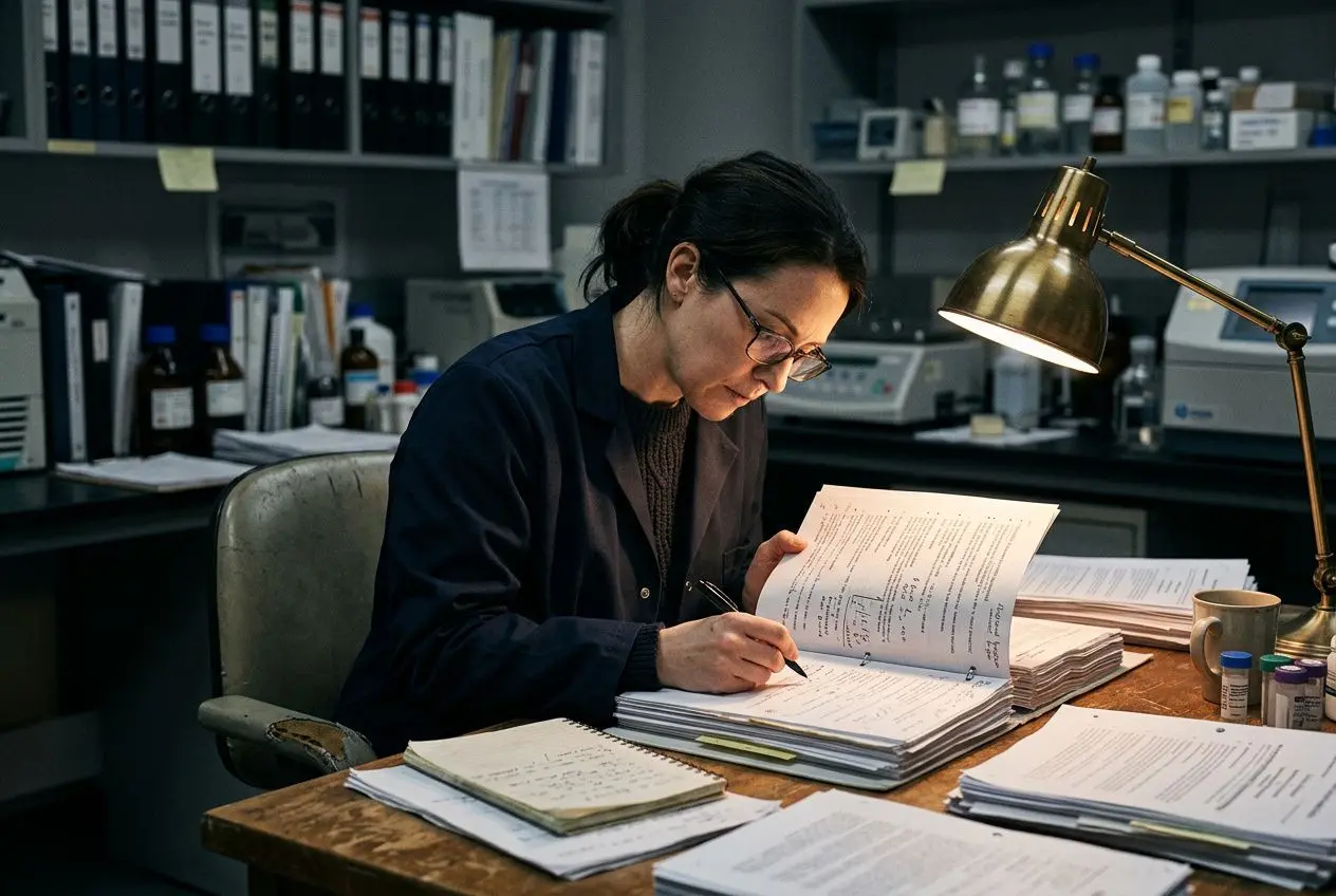 Une chercheuse examine et annot les documents d’étude clinique dans un bureau de laboratoire, entourée de piles de dossiers et d’un lampadaire.