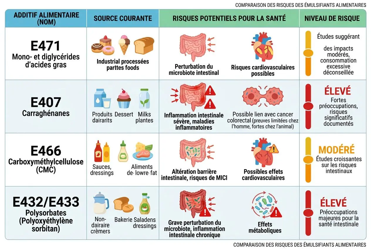 Tableau comparatif des risques liés aux émulsifiants alimentaires E471, E407, E466 et E432/E433, avec leurs sources et leur niveau de risque pour la santé et le cancer