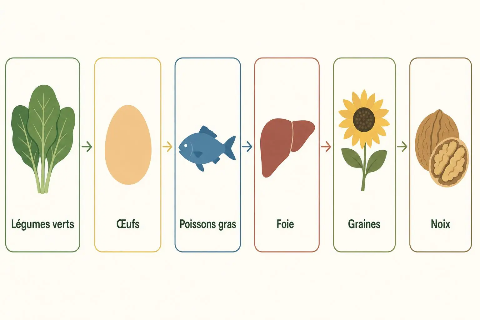 Diagramme des étapes nutritionnelles : légumes verts → œufs → poissons gras → foie → graines → noix, illustrant l'épigénétique nutrition.