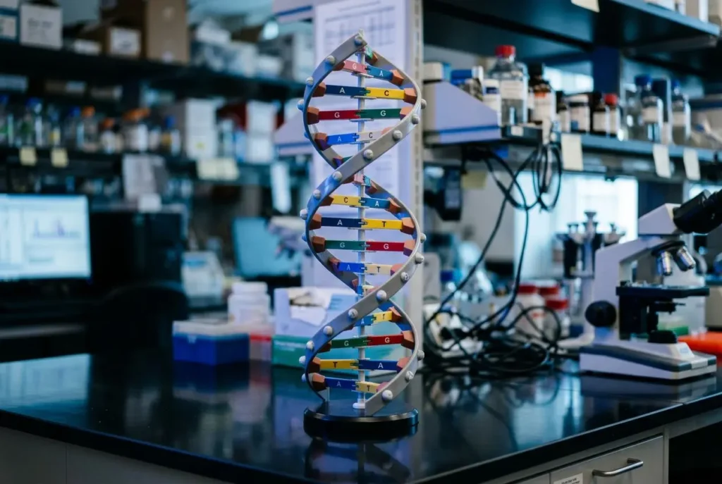 DNA en double hélice miniature sur un poste de laboratoire, symbole de l’épigénétique et de la définition des mécanismes qui régulent l’expression des gènes