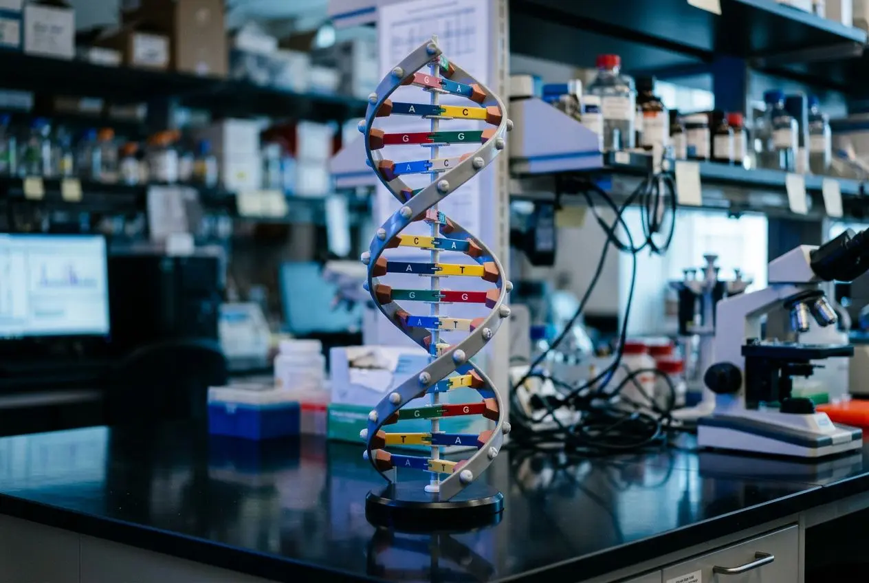 DNA en double hélice miniature sur un poste de laboratoire, symbole de l’épigénétique et de la définition des mécanismes qui régulent l’expression des gènes