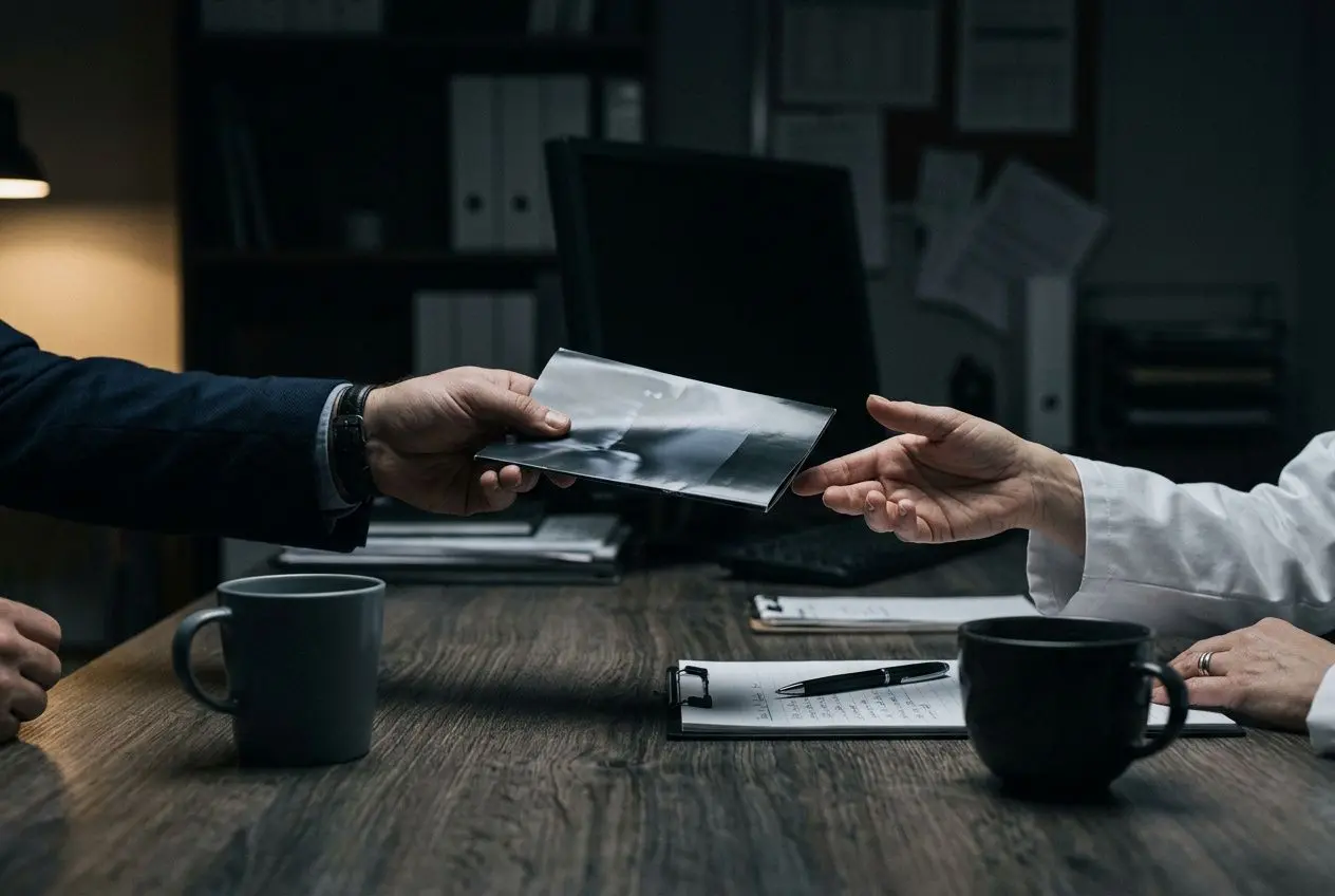 Échange d'un document photographié entre deux personnes dans un bureau, symbolisant la corruption sanitaire dans le secteur de la santé.