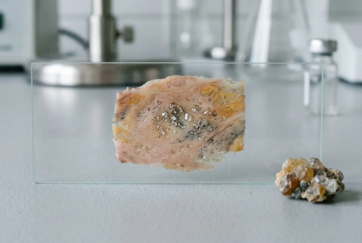 Échantillon translucide avec granules métalliques et rocheux sur socle; démonstration scientifique liée à l’oligothérapie définition et principes.