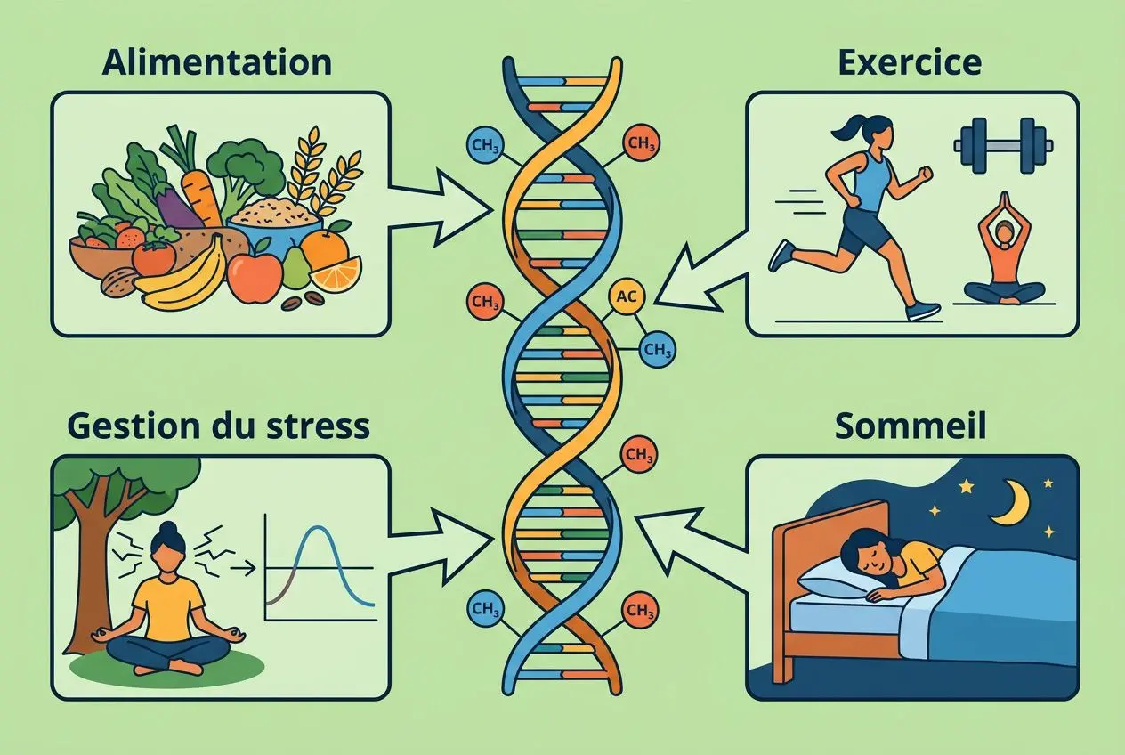 Épigénétique définition : schéma montrant comment alimentation, exercice, stress et sommeil influent sur l'ADN sans en changer la séquence.