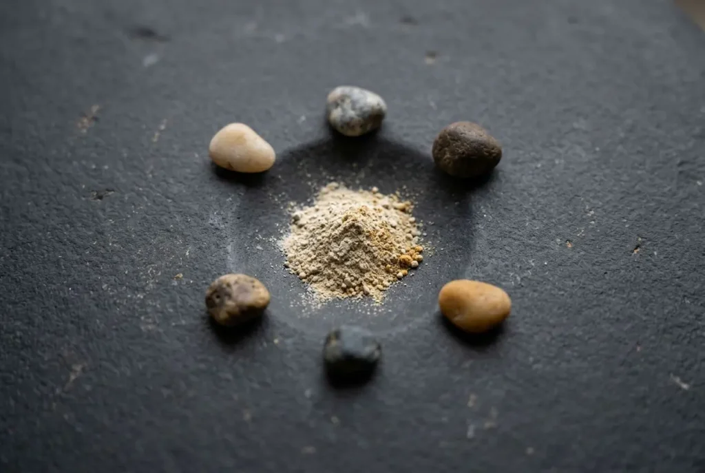 Gros plan sur des roches autour d’un petit tas de poudre, évoquant des oligo-éléments définition et des minéraux essentiels.
