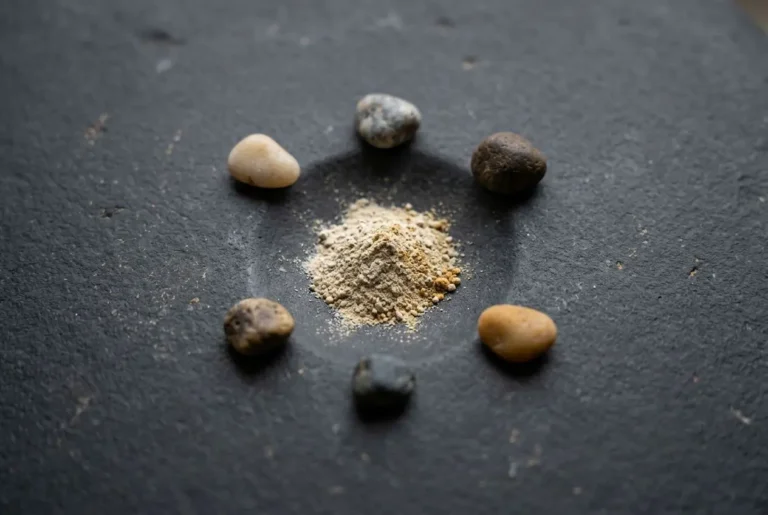 Gros plan sur des roches autour d’un petit tas de poudre, évoquant des oligo-éléments définition et des minéraux essentiels.