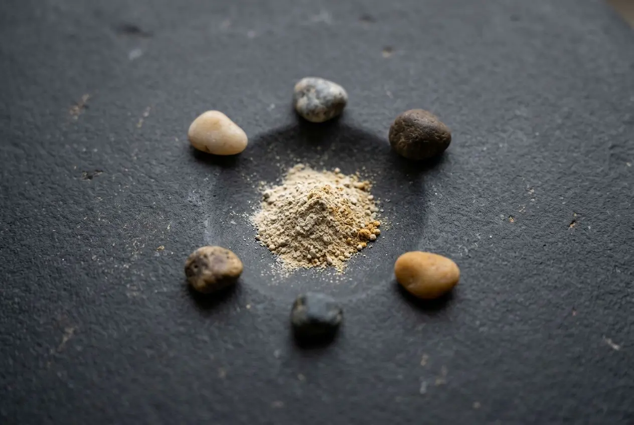 Gros plan sur des roches autour d’un petit tas de poudre, évoquant des oligo-éléments définition et des minéraux essentiels.