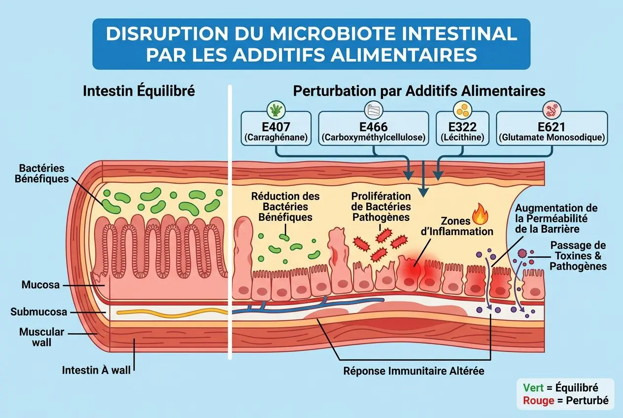 Illustration pédagogique montrant les effets des additifs alimentaires sur le microbiote intestinal et l'inflammation, avec des zones d'équilibre et de perturbation identifiées. Liste des conservateurs alimentaires dangereux et impact sur la barrière intestinale.