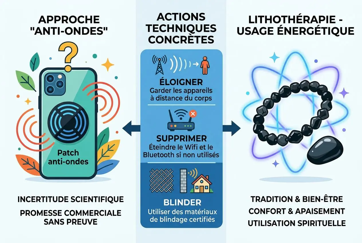 Illustration présentant des méthodes anti-ondes : patch anti-ondes, actions techniques et lithothérapie avec bracelet noir.