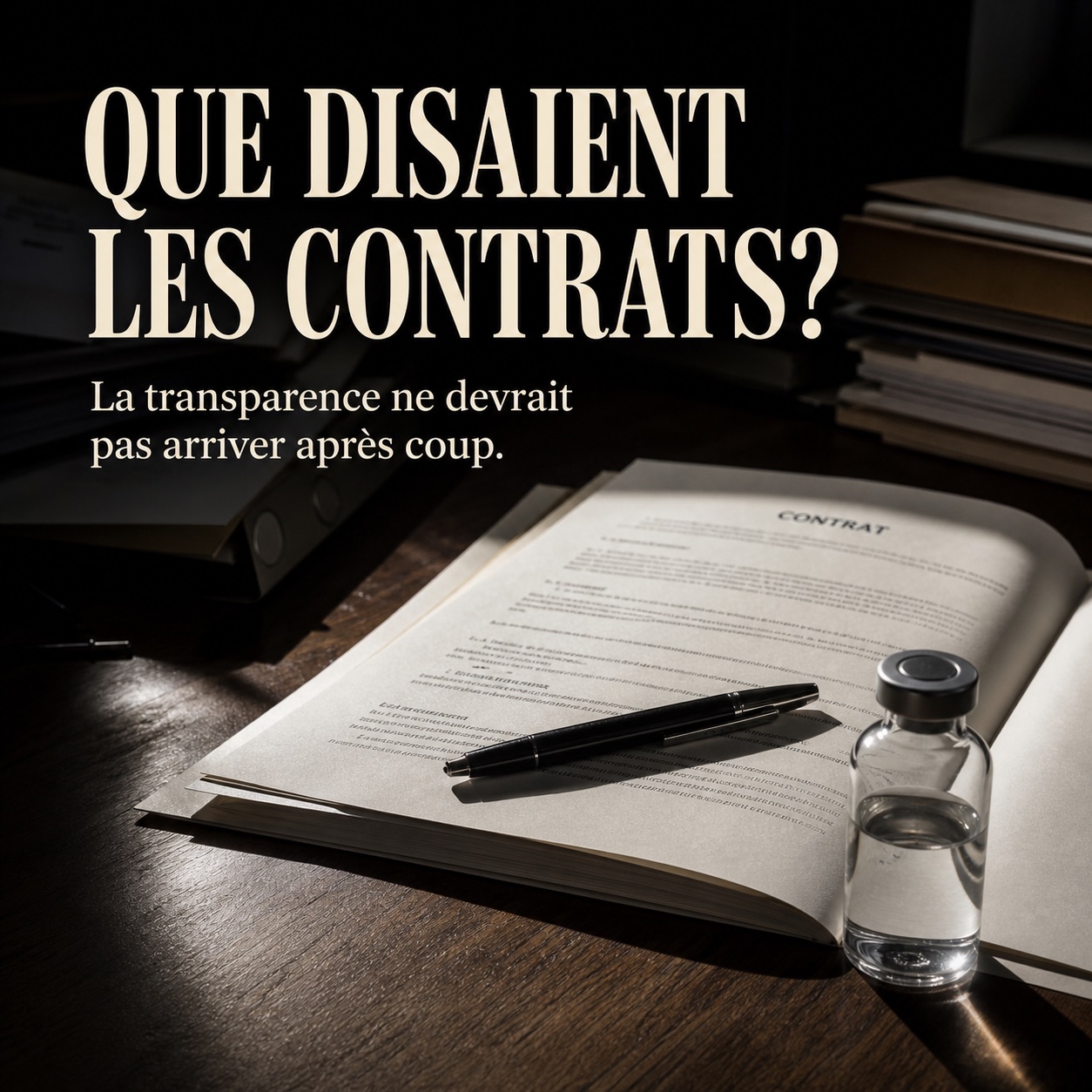 Contrat, stylo et flacon anonyme, symbole des questions de transparence pharmaceutique