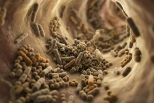 Microbiote intestinal composé de bactéries dans l’intestin, aspect vu en vue interne. Microbiote intestinal peut influencer la santé générale.