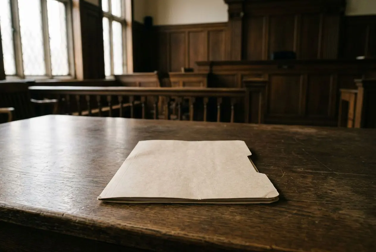 Page de dossier vide sur un pupitre en bois dans une salle de tribunal, évoquant la corruption dans le secteur public avec un angle documentaire.