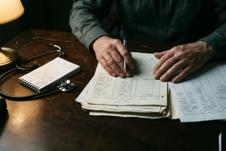 Personne examinant et notant des documents sur une table sombre, stéthoscope à côté, ambiance de travail administratif lié à la corruption sanitaire.