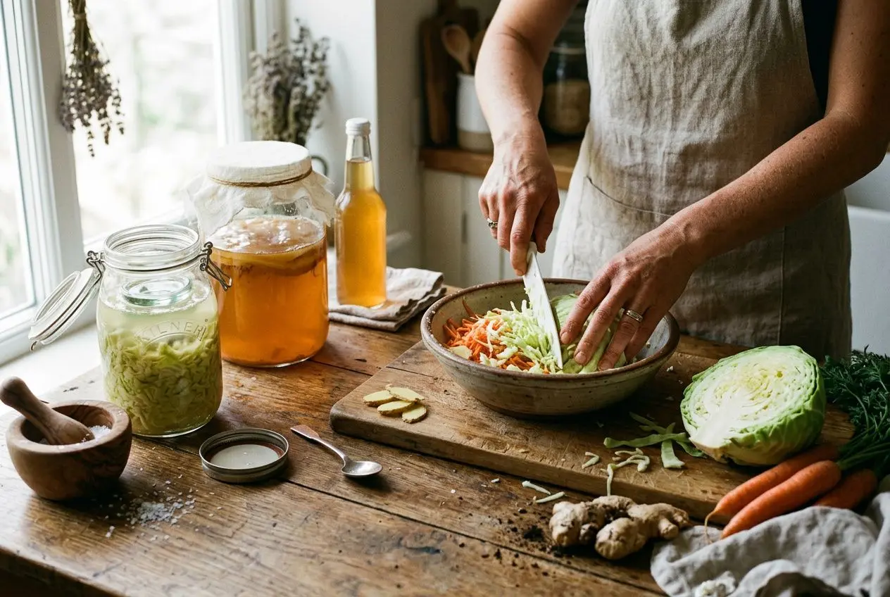Préparation d'un repas frais et sain avec légumes et ingrédients fermentés sur une table en bois, près d'une fenêtre. Épices, carottes, chou et huile végétale visibles, ambiance cuisine maison.