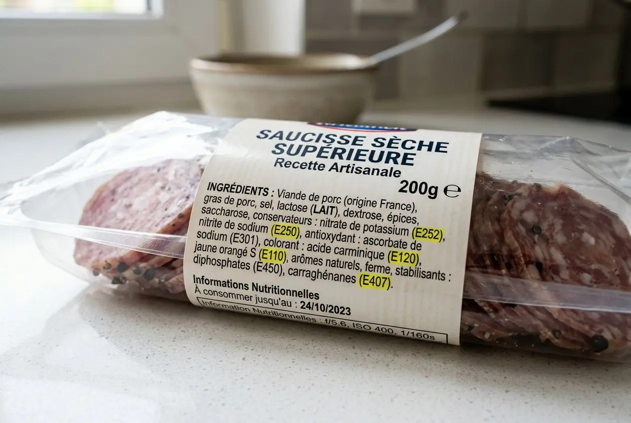 Saucisse sèche supérieure en emballage transparent, étiquette listant ingrédients et conservateurs, dont E250 et E407. Liste des conservateurs alimentaires dangereux à éviter.