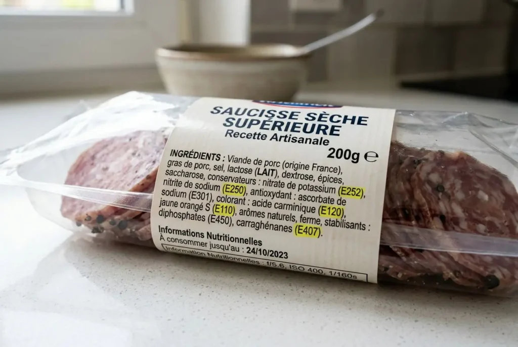 Saucisse sèche supérieure en emballage transparent, étiquette listant ingrédients et conservateurs, dont E250 et E407. Liste conservateurs alimentaires dangereux à éviter.