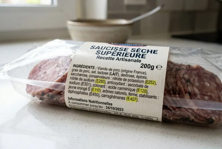Saucisse sèche supérieure en emballage transparent, étiquette listant ingrédients et conservateurs, dont E250 et E407. Liste conservateurs alimentaires dangereux à éviter.